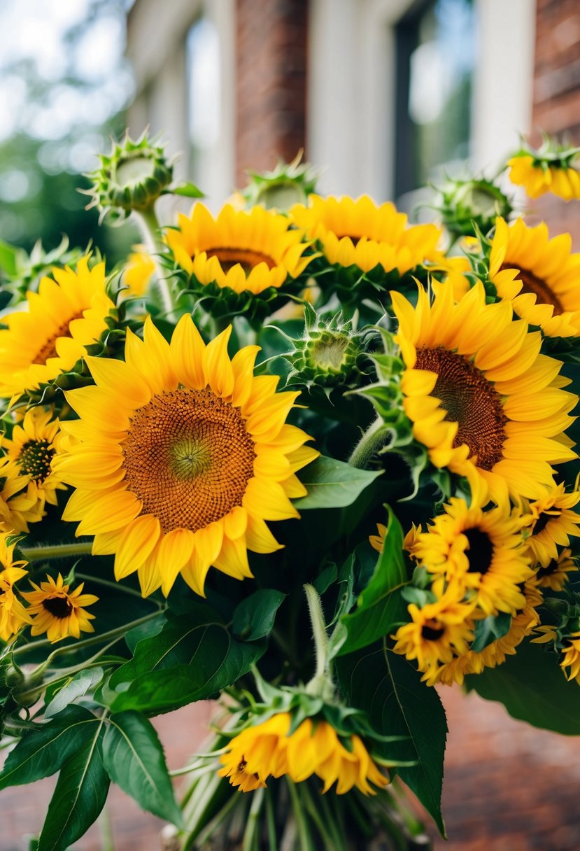 A vibrant sunflower bouquet bursting with sunny yellow blooms and lush greenery