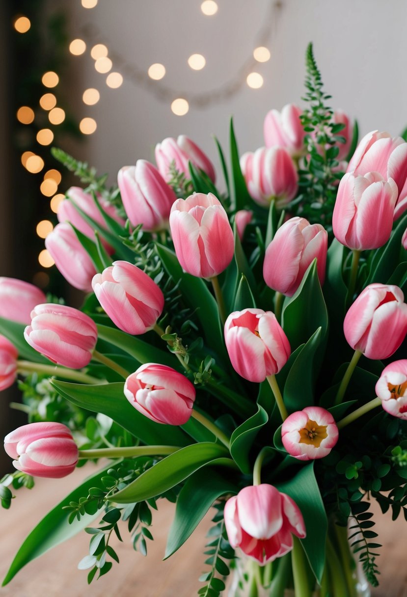 A lush bouquet of pink tulips and greenery arranged in a classic style