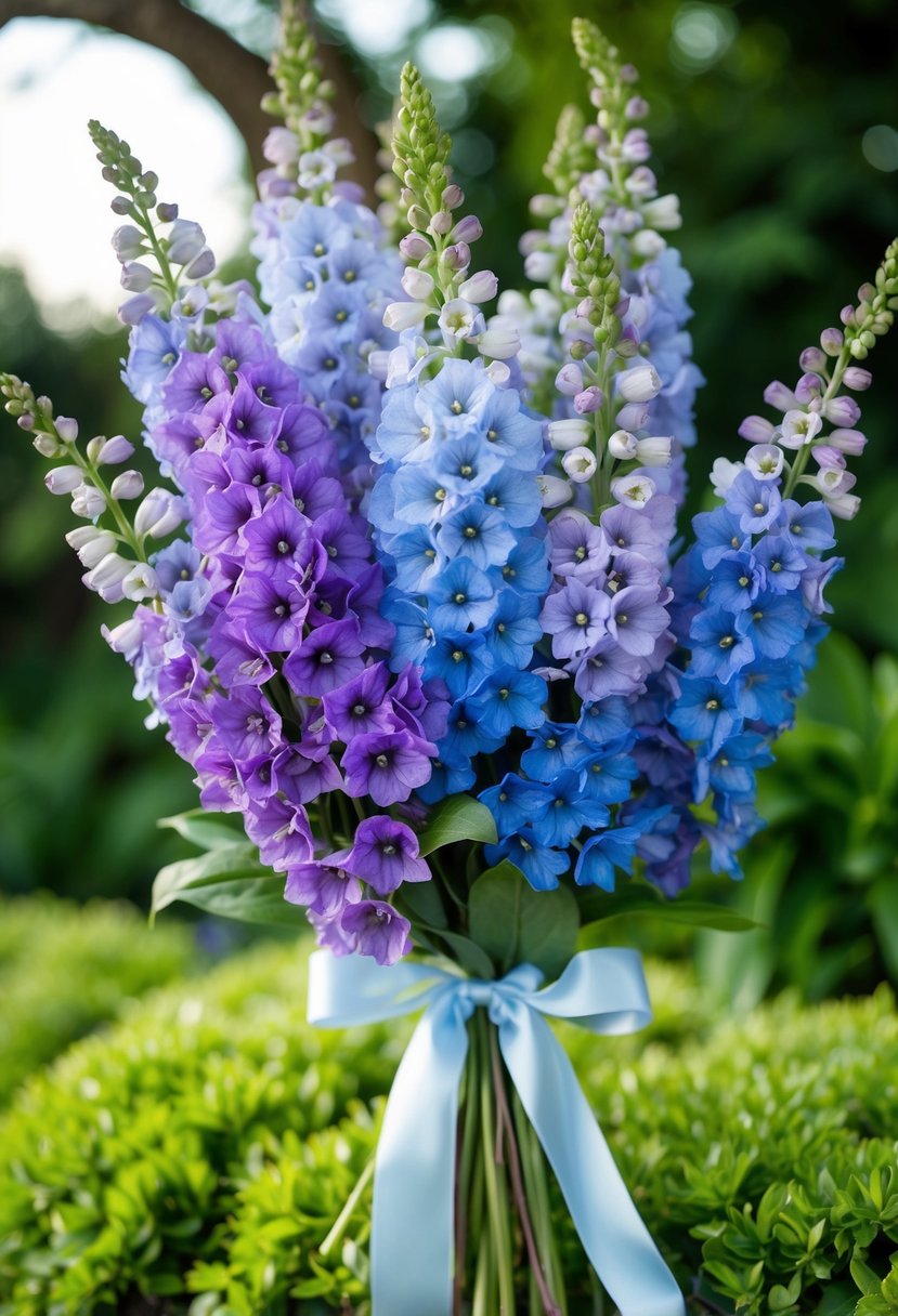 A delicate bunch of dreamy delphiniums in shades of blue and purple, accented with lush greenery and tied with a satin ribbon