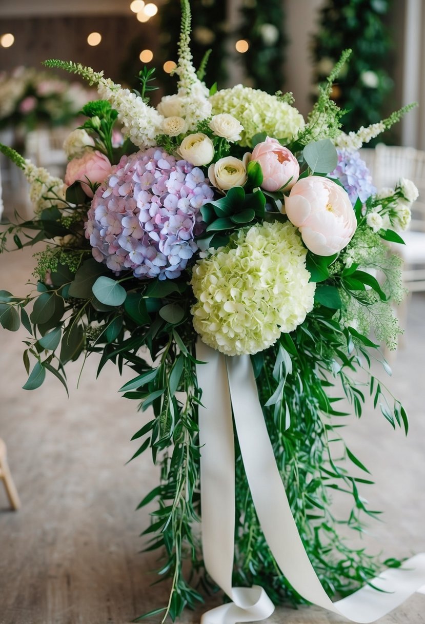 A lush bouquet of hydrangeas, peonies, and greenery arranged in a cascading style, with delicate ribbons trailing down