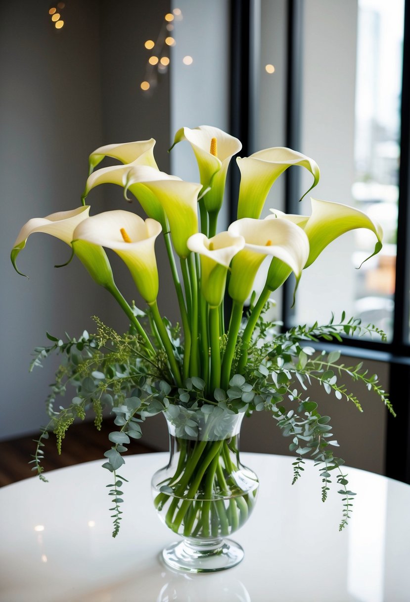 A chic calla lily arrangement in a glass vase, surrounded by delicate greenery and placed on a white table