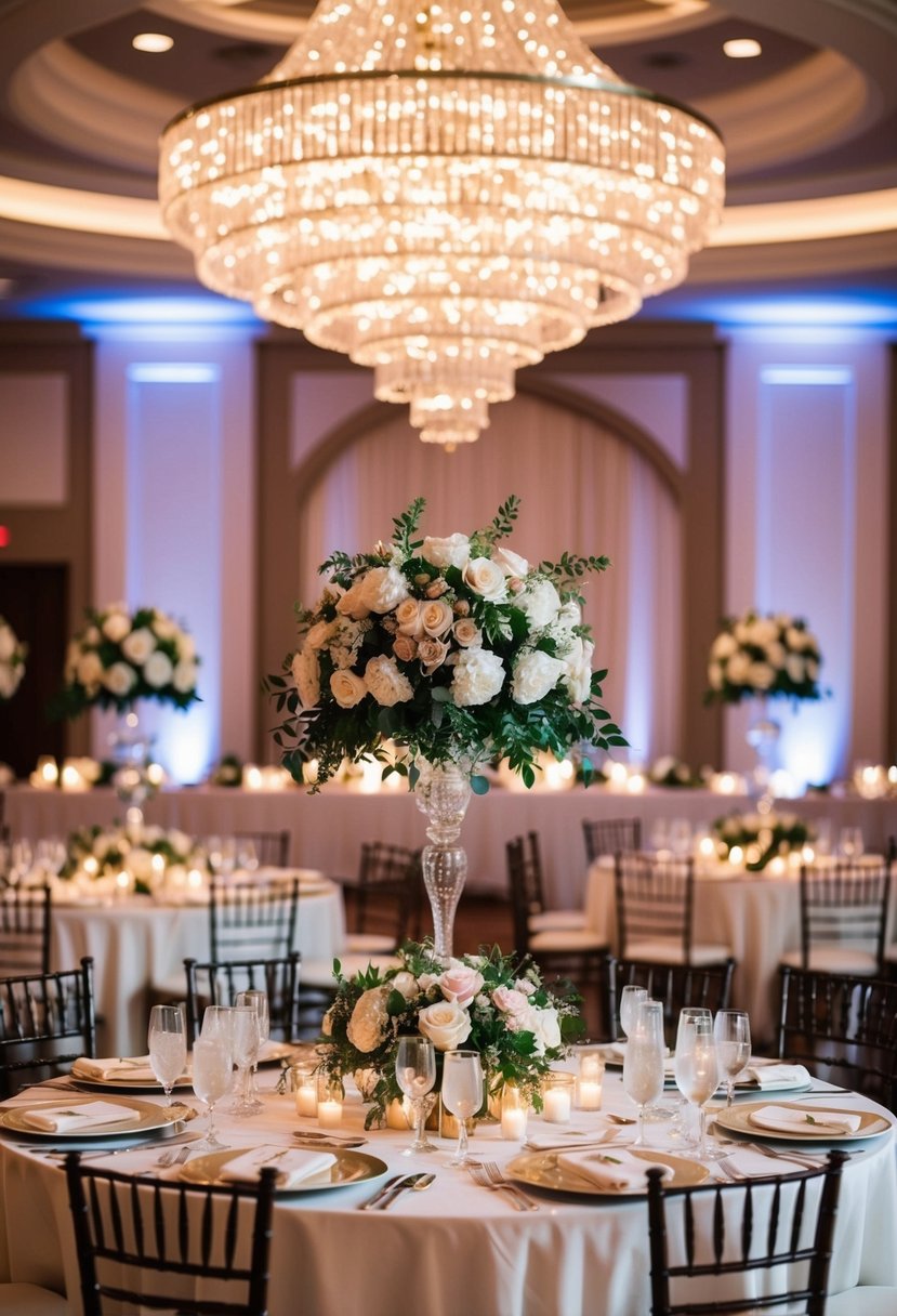 A grand wedding reception with elegant decor, floral centerpieces, and a sparkling chandelier