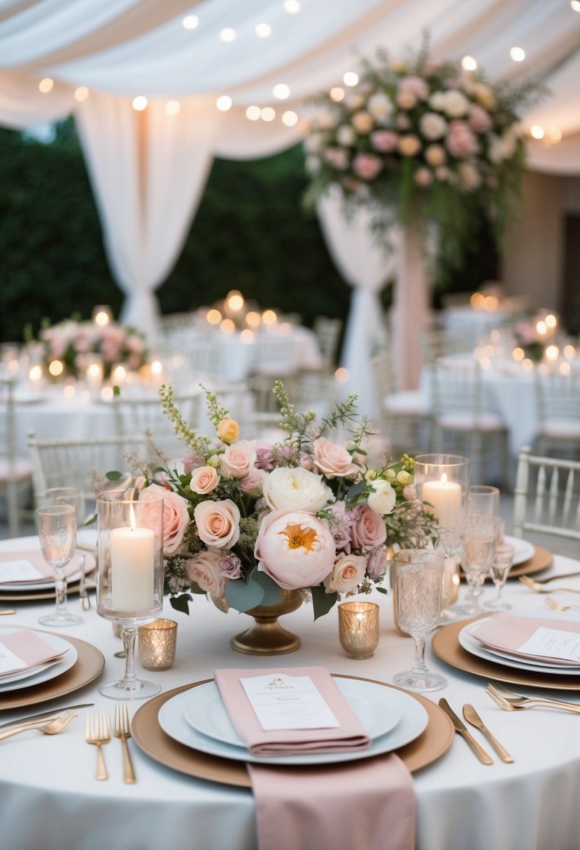 A serene wedding reception with pastel flowers, elegant table settings, and soft candlelight