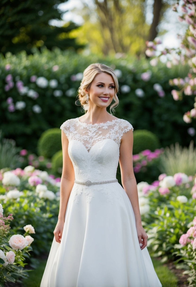 A bride in a 1 2 sleeve wedding dress, standing in a garden surrounded by blooming flowers and greenery