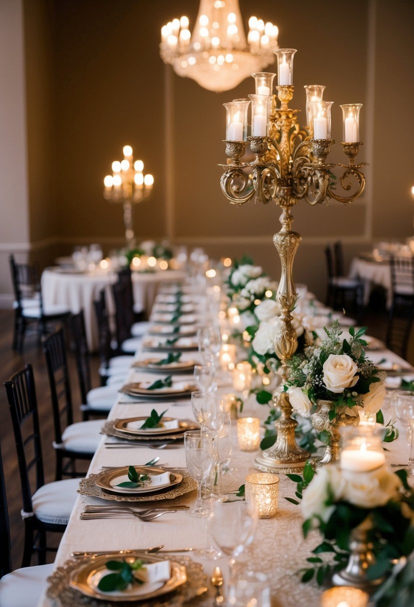 A vintage wedding reception with ornate candelabras, lace tablecloths, and antique silverware on a long banquet table