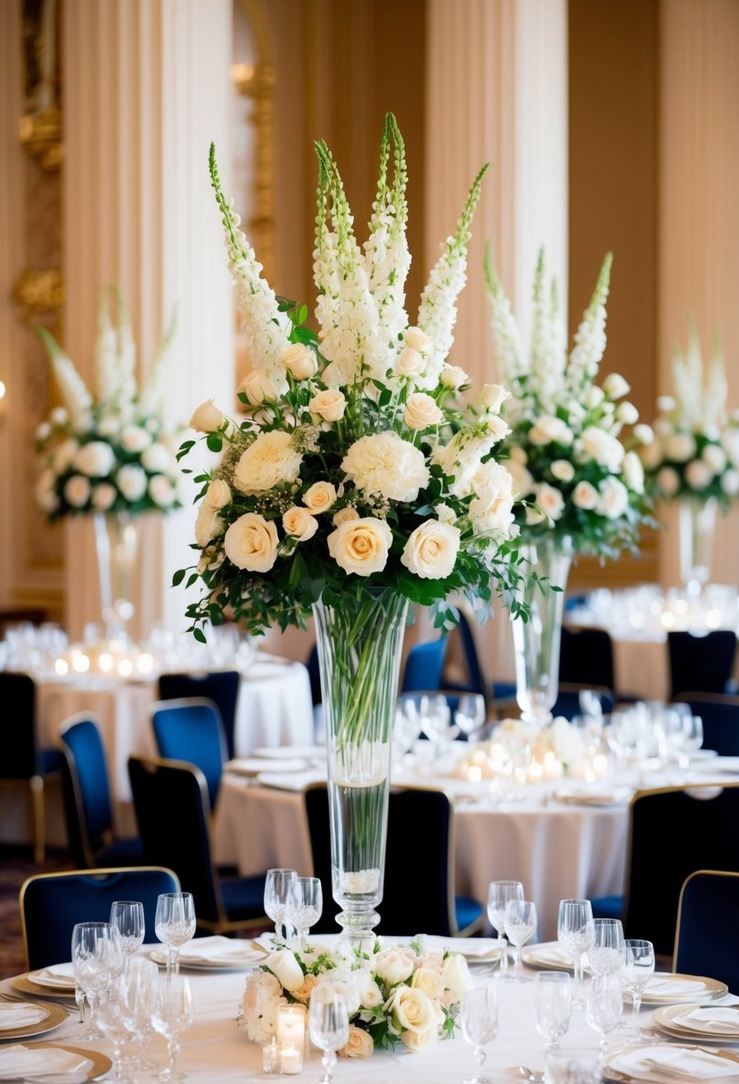 A grand ballroom with tall vases filled with elegant, classic flower arrangements. Tables adorned with delicate blooms and crystal glassware