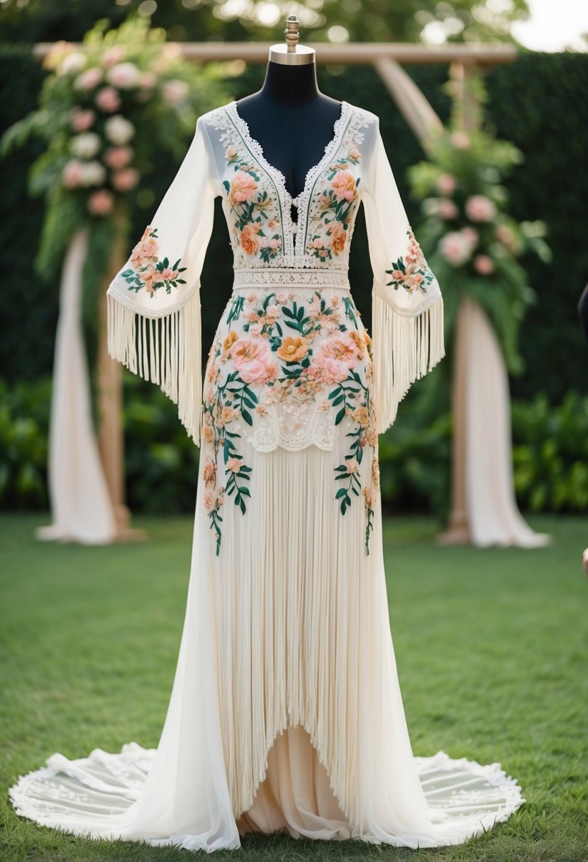 A flowing, bohemian wedding dress adorned with floral embroidery, lace, and fringe, set against a backdrop of a lush, outdoor garden ceremony