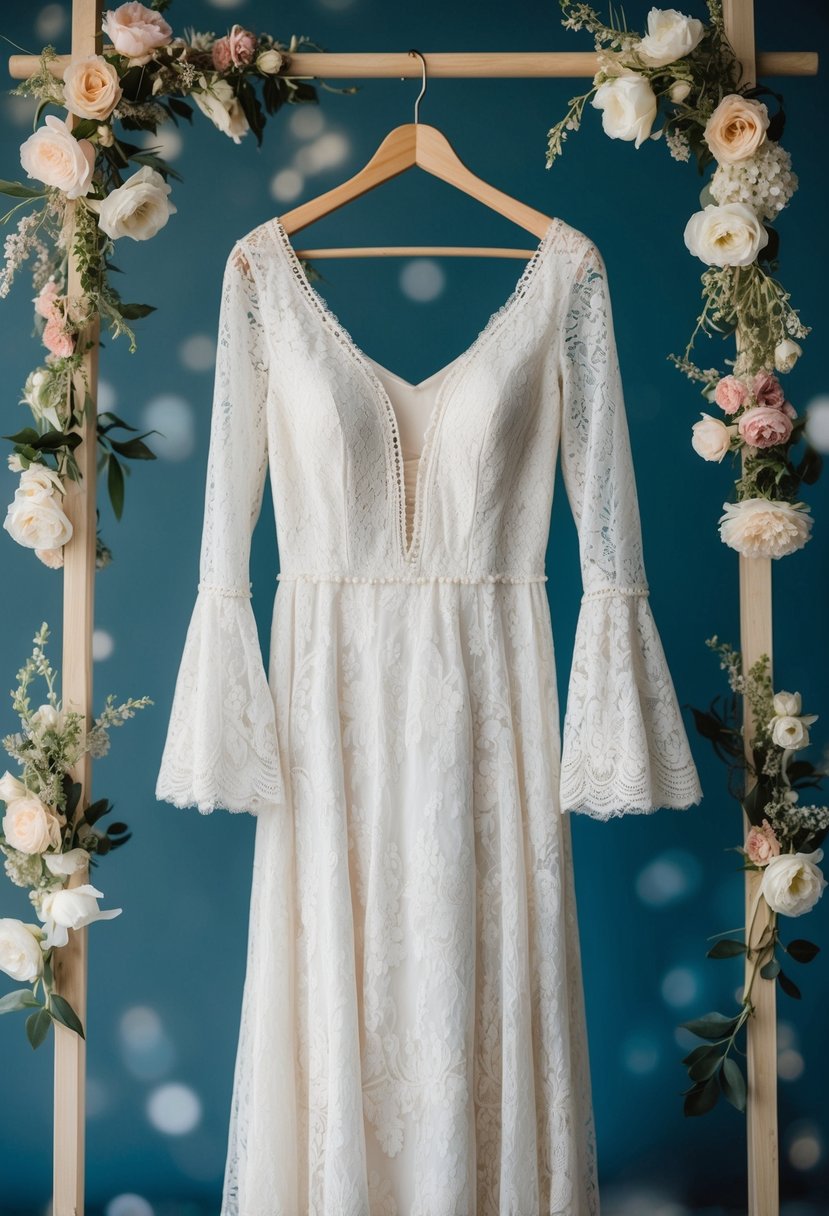 A bohemian lace wedding dress with bell sleeves hangs on a vintage wooden hanger, surrounded by delicate floral accents