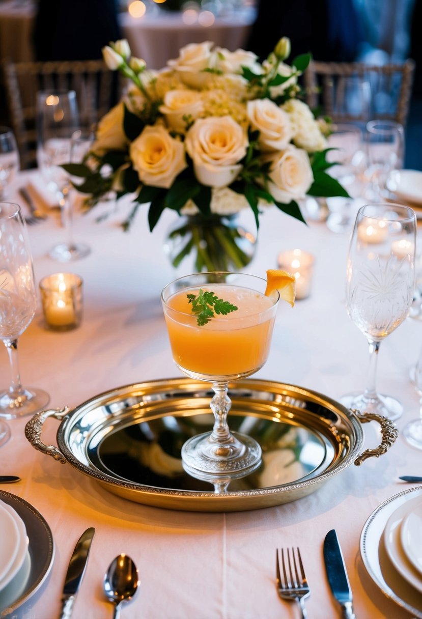 A beautifully set table with elegant glassware and a signature cocktail displayed on a silver tray at a classy wedding reception