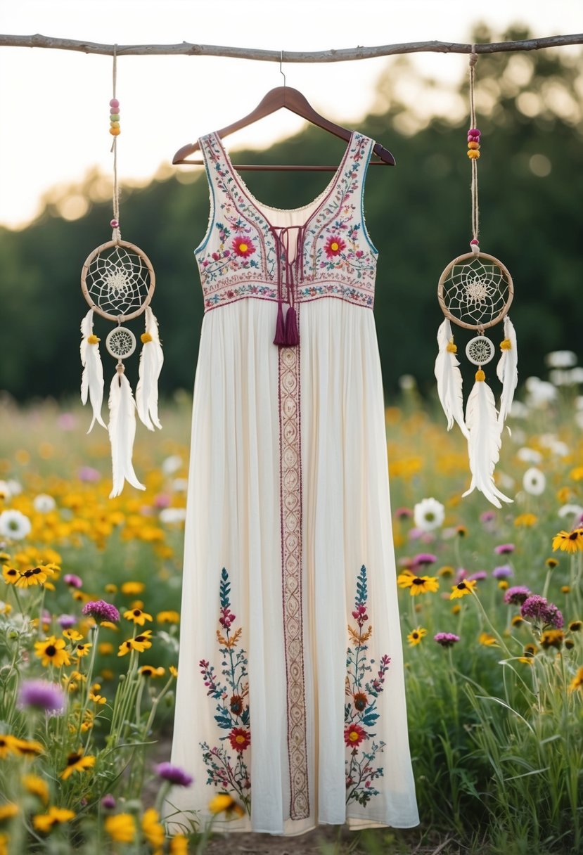 A flowy maxi dress with intricate embroidery hangs on a rustic wooden hanger, surrounded by wildflowers and dreamcatchers