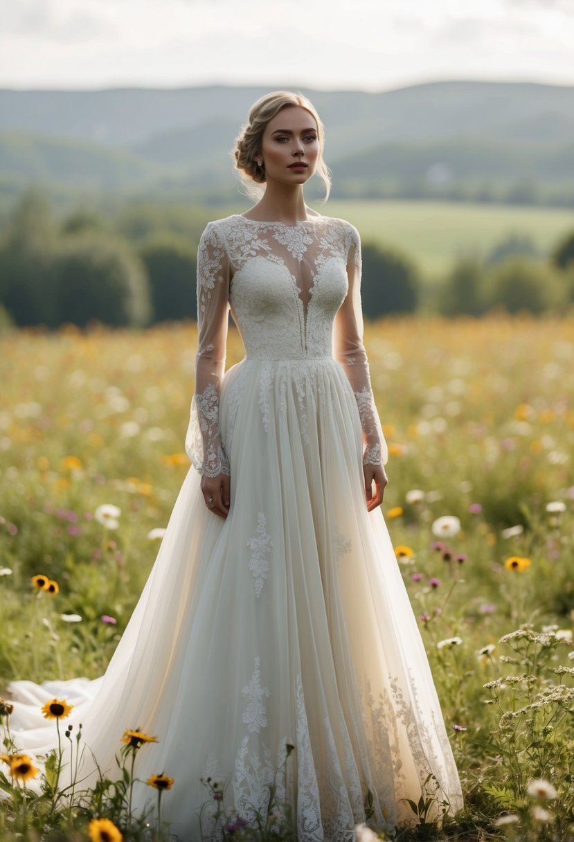 A bride standing in a field, wearing a vintage-inspired long-sleeve wedding dress with intricate lace details and a flowing skirt. The dress has a romantic, ethereal feel, and the bride is surrounded by wildflowers