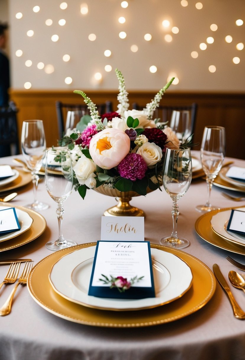 Elegant table setting with personalized place cards, floral centerpieces, and fine china