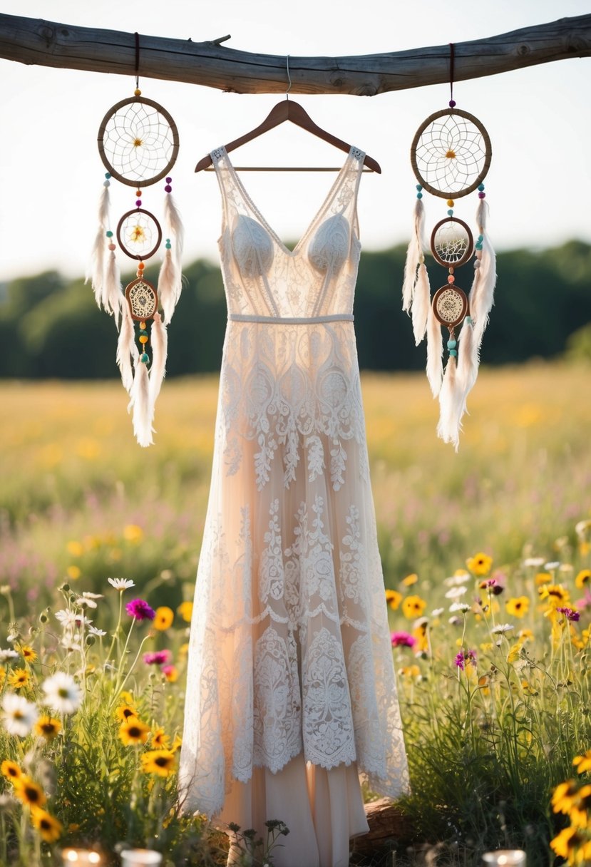 A flowing lace bohemian gown hangs on a rustic wooden hanger, surrounded by wildflowers and dreamcatchers