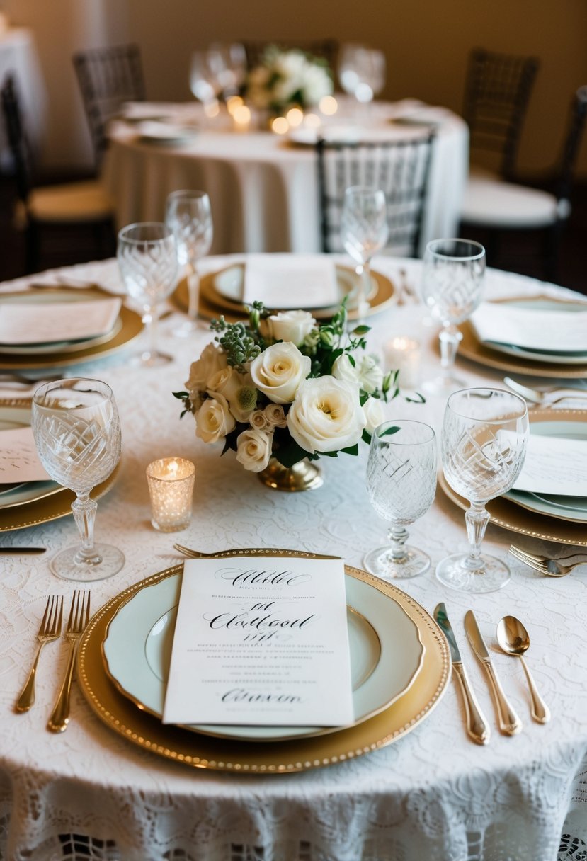 A table set with fine china, crystal glasses, and a lace tablecloth, adorned with elegant calligraphy invitations for a classy wedding