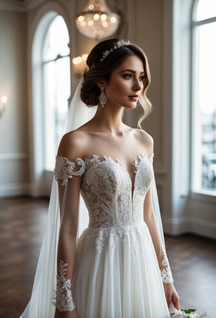 An elegant wedding dress with off-the-shoulder illusion sleeves, flowing fabric, and intricate lace details