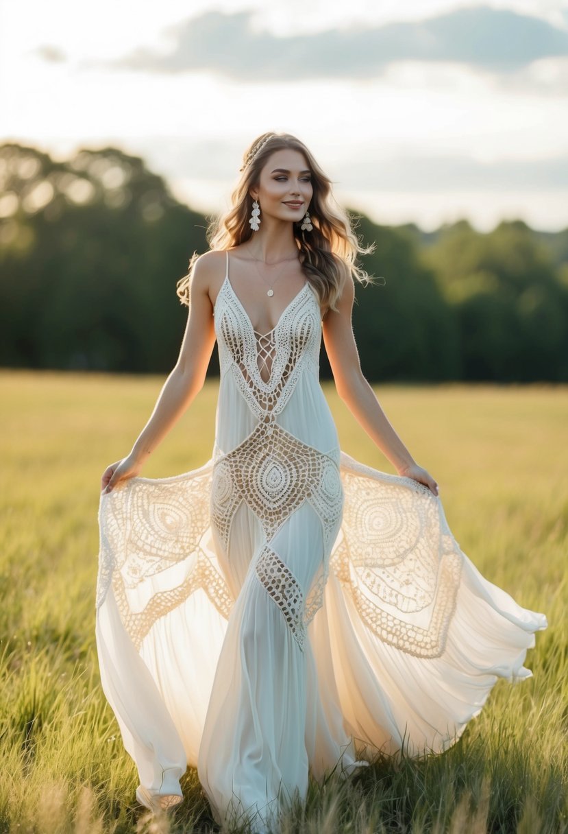 A flowing, bohemian wedding dress with intricate crochet detail and a relaxed, hippie vibe