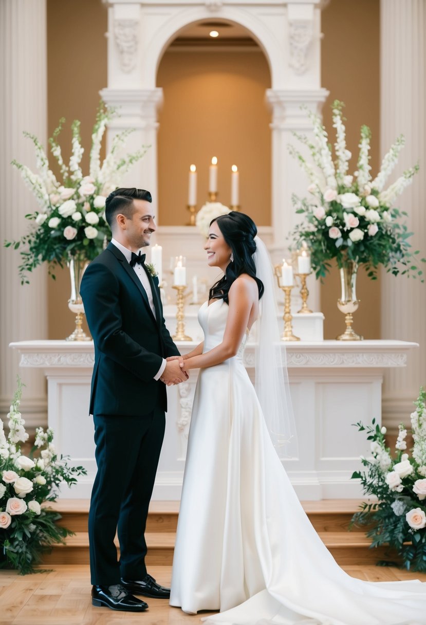 A groom in a black tuxedo and a bride in a white gown standing together in front of an elegant altar with flowers and candles