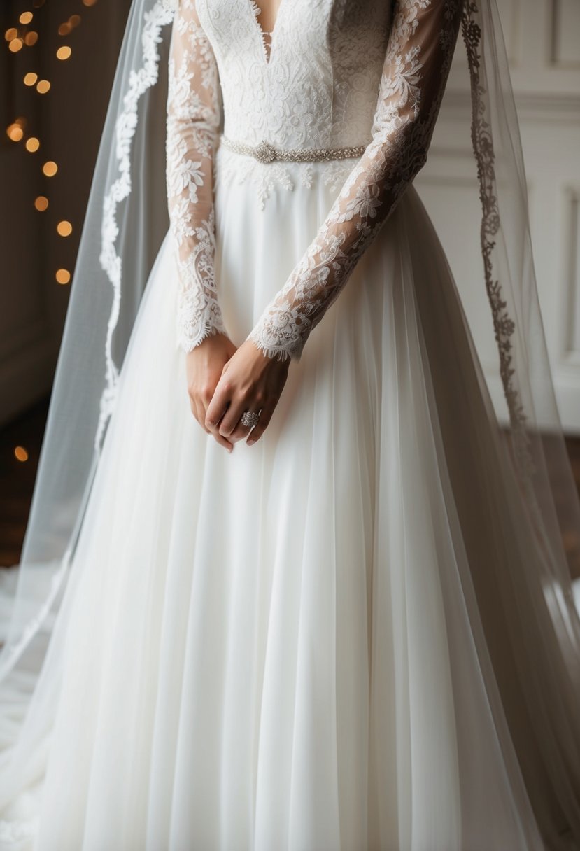 A flowing wedding dress with sheer lace full sleeves cascading down to the wrists, creating an elegant and romantic silhouette