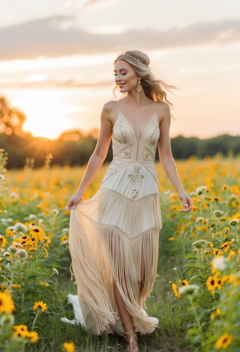 A bride twirls in a field of wildflowers, wearing a vintage-inspired fringe dress with a bohemian vibe. The sun sets behind her, casting a warm glow over the scene