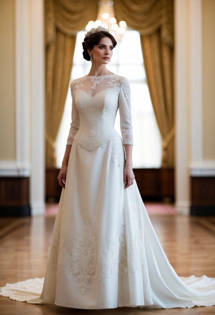 A bride stands in a grand ballroom, wearing a 3/4 length Victorian sleeve wedding dress. The dress features intricate lace and delicate embroidery, with a flowing skirt and a subtle train