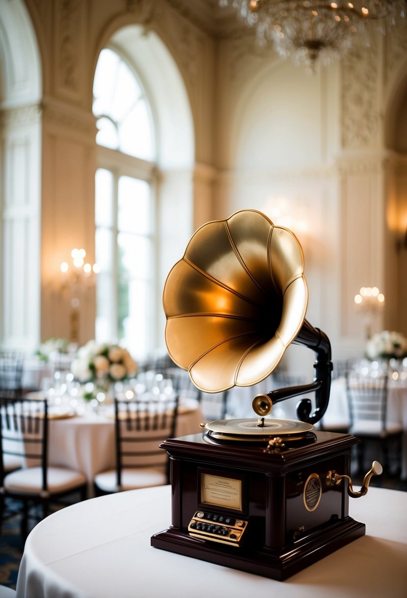 A grand ballroom with elegant decor and a vintage gramophone playing a timeless music playlist for a classy wedding