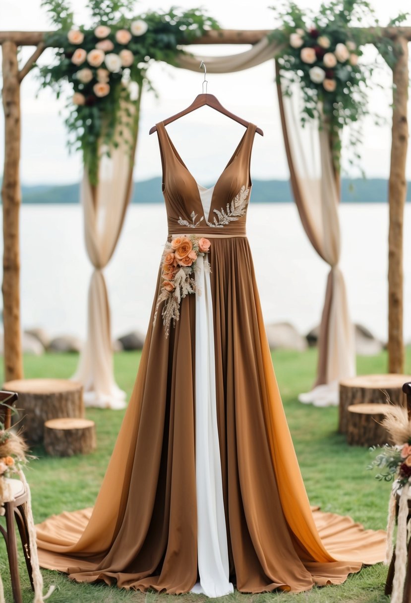 A flowing earth tone gown with floral accents, set against a backdrop of a serene outdoor wedding ceremony with bohemian decor and natural elements