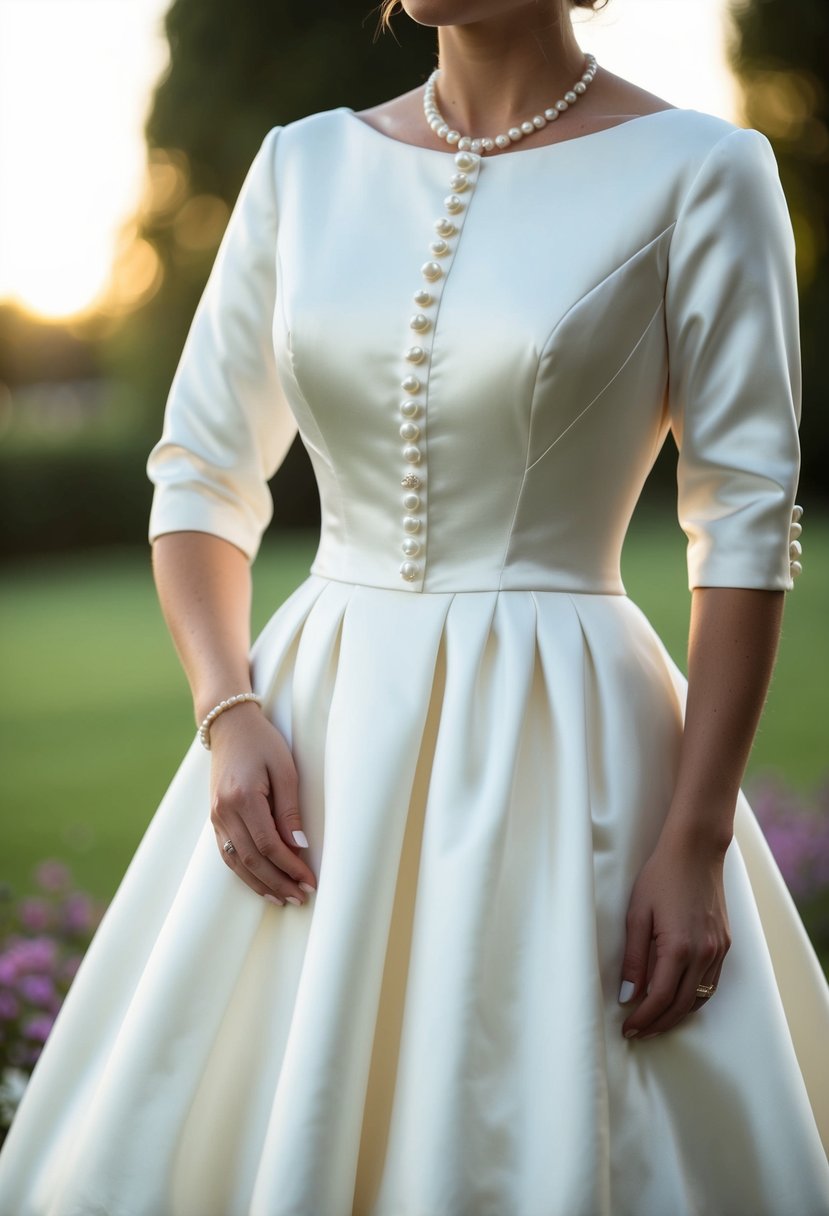 A satin wedding dress with pearl buttons, 1/2 sleeves, and a modest design