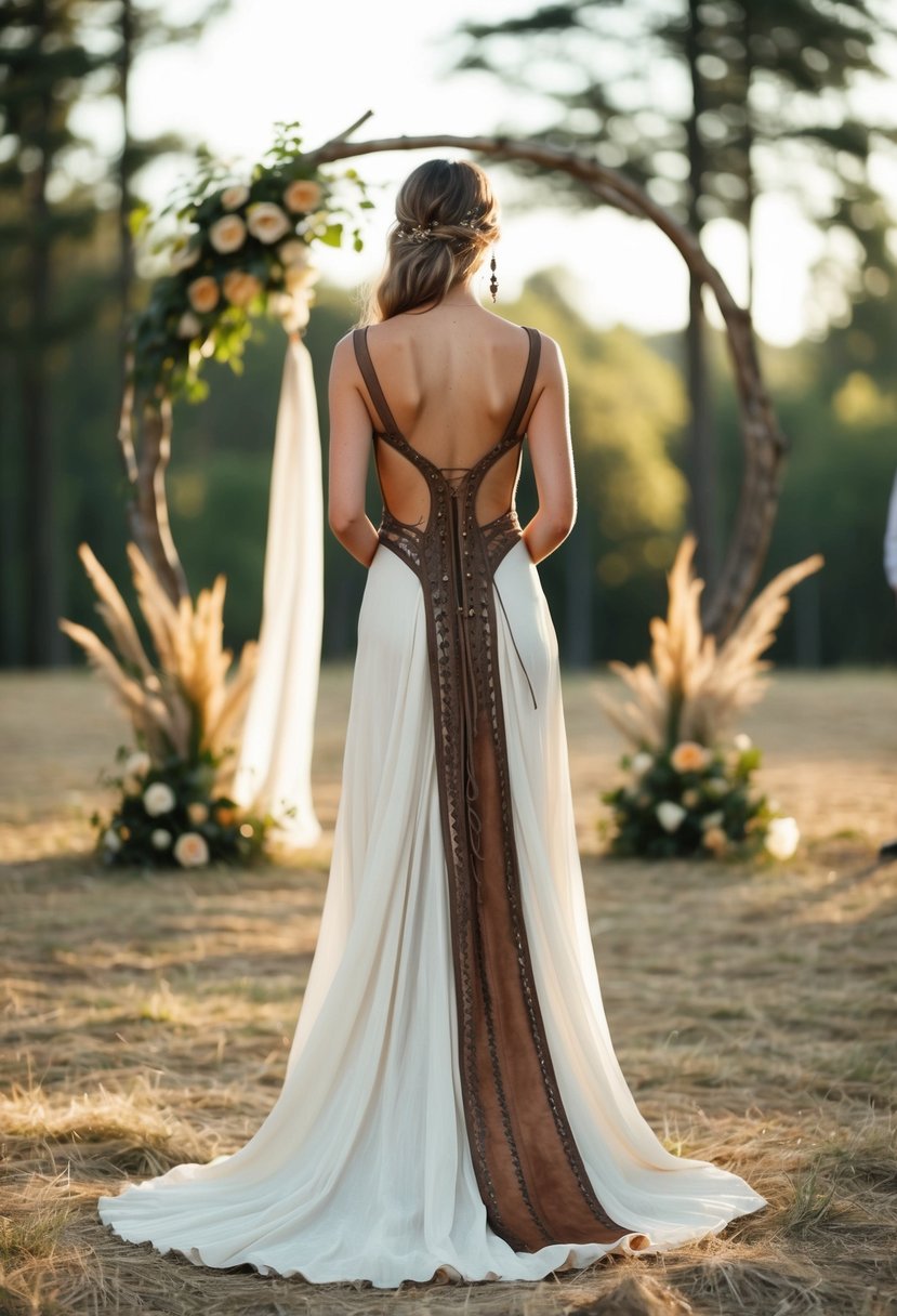 A flowing natural fabric dress with intricate leather details, set against a backdrop of a bohemian wedding ceremony in a sunlit forest clearing