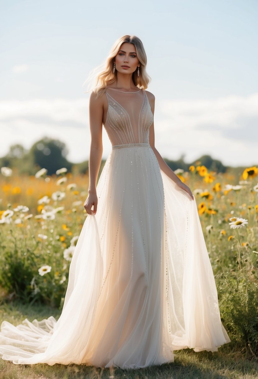 A flowing sheer panel dress with delicate beading, set against a backdrop of wildflowers and a bohemian-inspired outdoor wedding setting