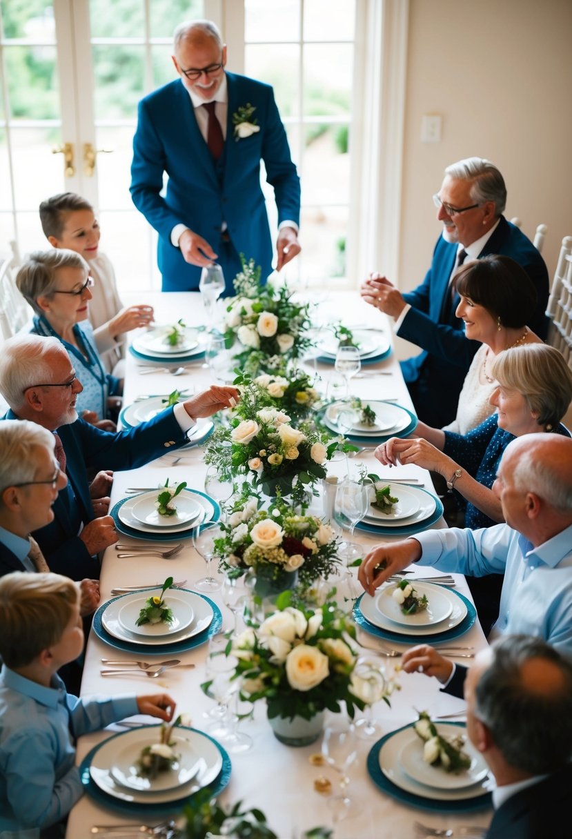 A family gathering around a beautifully set dinner table, passing down wedding tips and sharing meaningful traditions