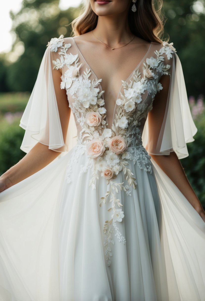 A flowing wedding dress with flutter sleeves and delicate floral appliqué cascading down the bodice