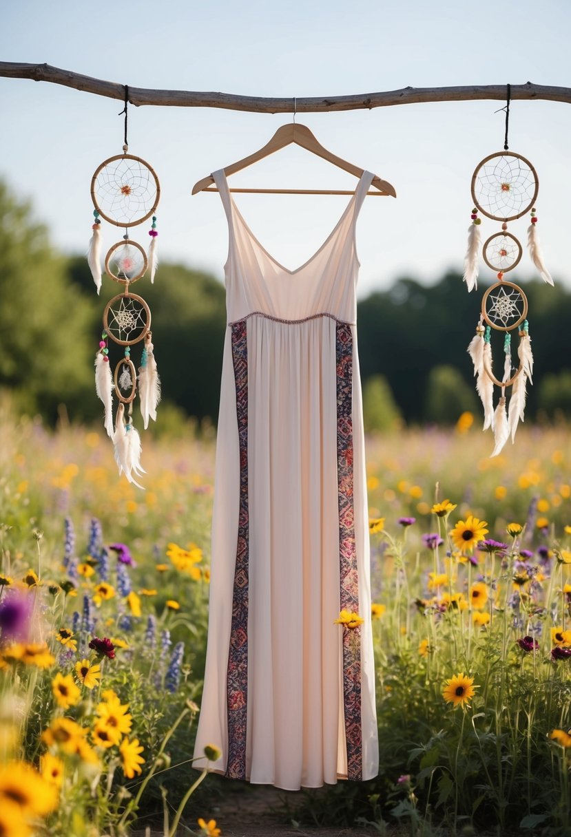 A boho dress with side slits hangs on a wooden hanger, surrounded by wildflowers and dreamcatchers