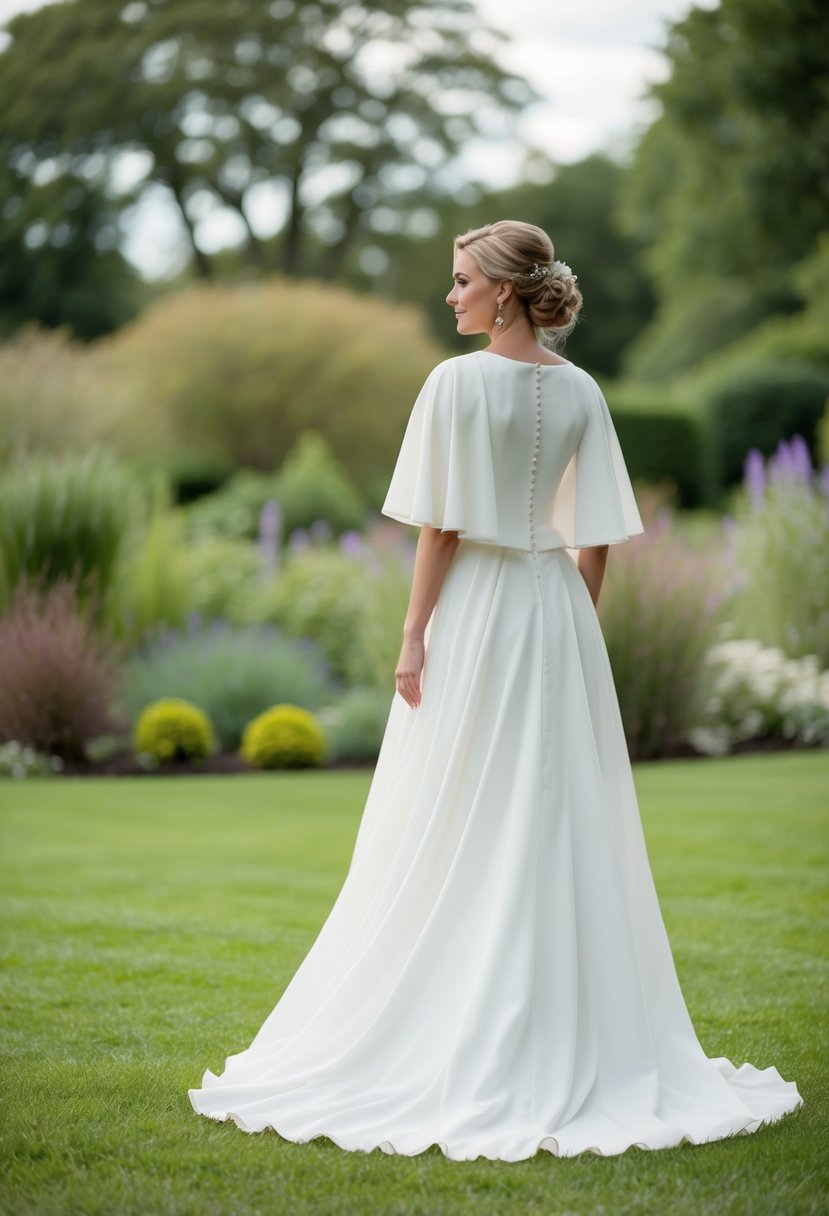 A bride stands in a flowing wedding dress with detachable cape sleeves, gazing out at a serene garden