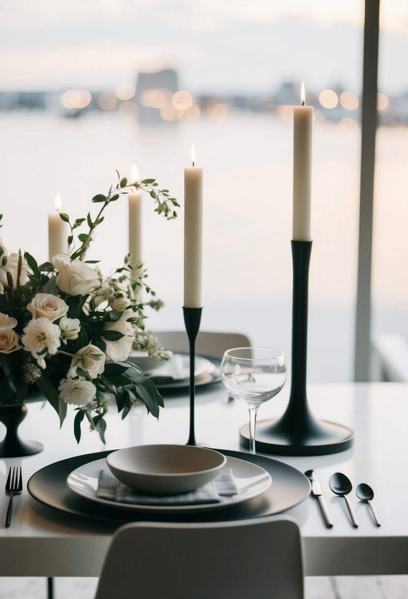 A sleek, minimalist table setting with elegant floral arrangements and modern candle holders