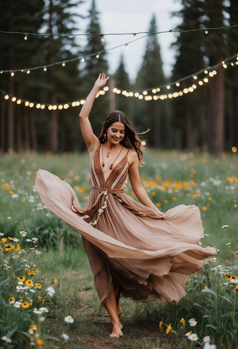 A bohemian bride in a flowing, earth-toned gown dances barefoot in a forest clearing, surrounded by wildflowers and twinkling fairy lights