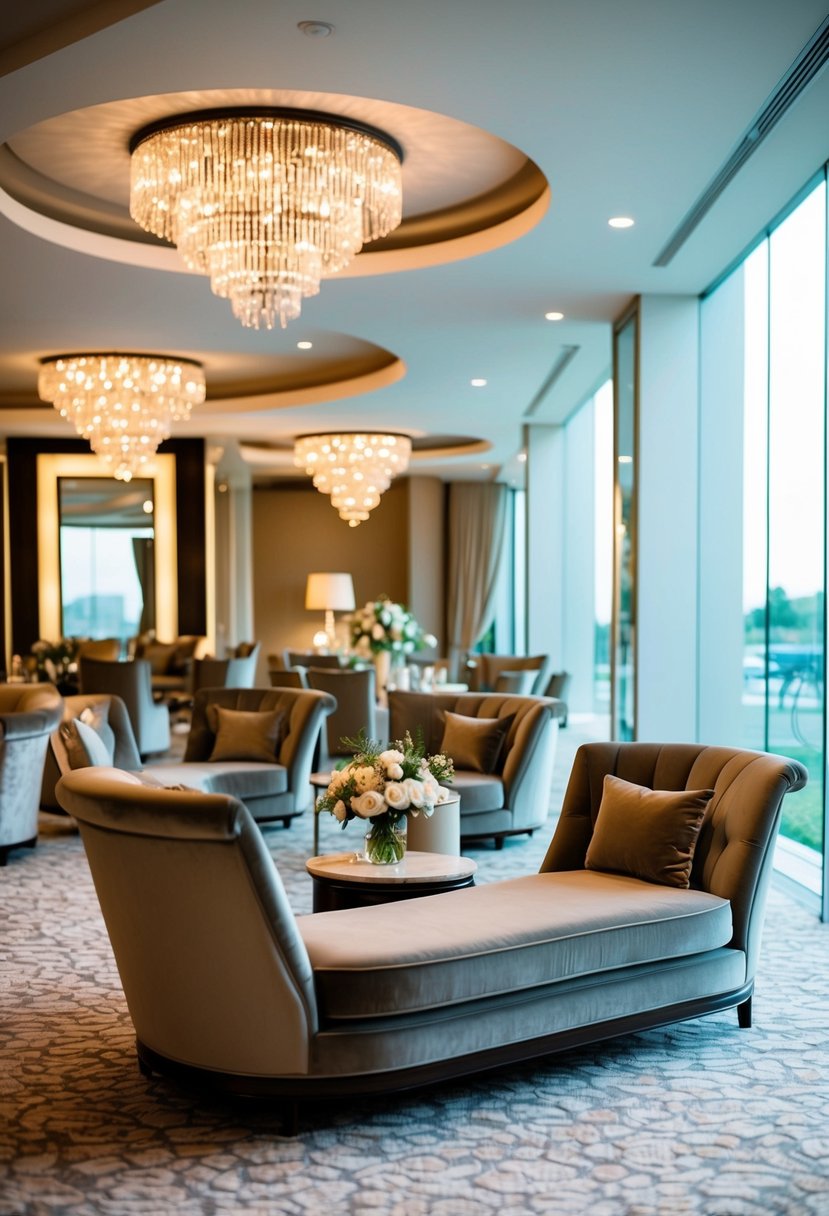 A luxurious lounge with plush seating, soft lighting, and elegant decor for a classy wedding relaxation area