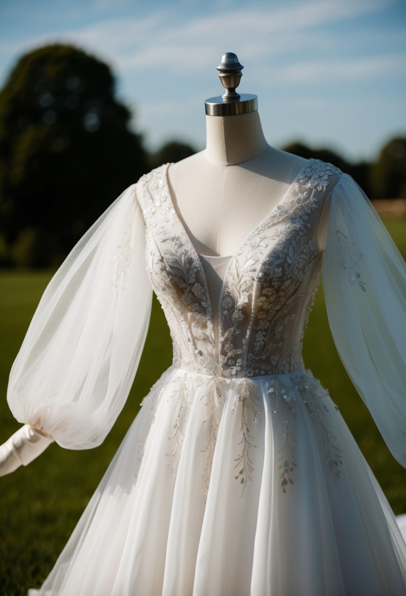 A flowing wedding dress with puffed sleeves and delicate embroidery cascading down the bodice