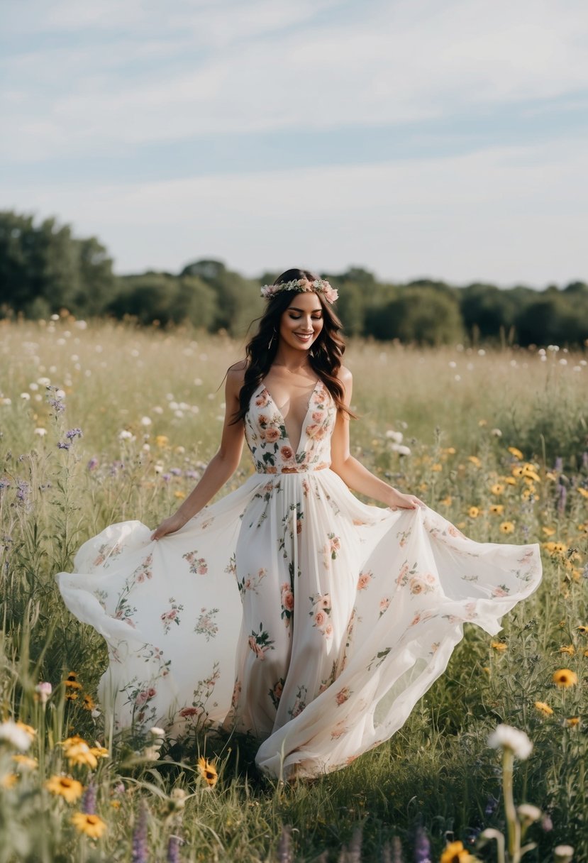 A bohemian bride twirls in a flowing, floral gown amidst a field of wildflowers and tall grass