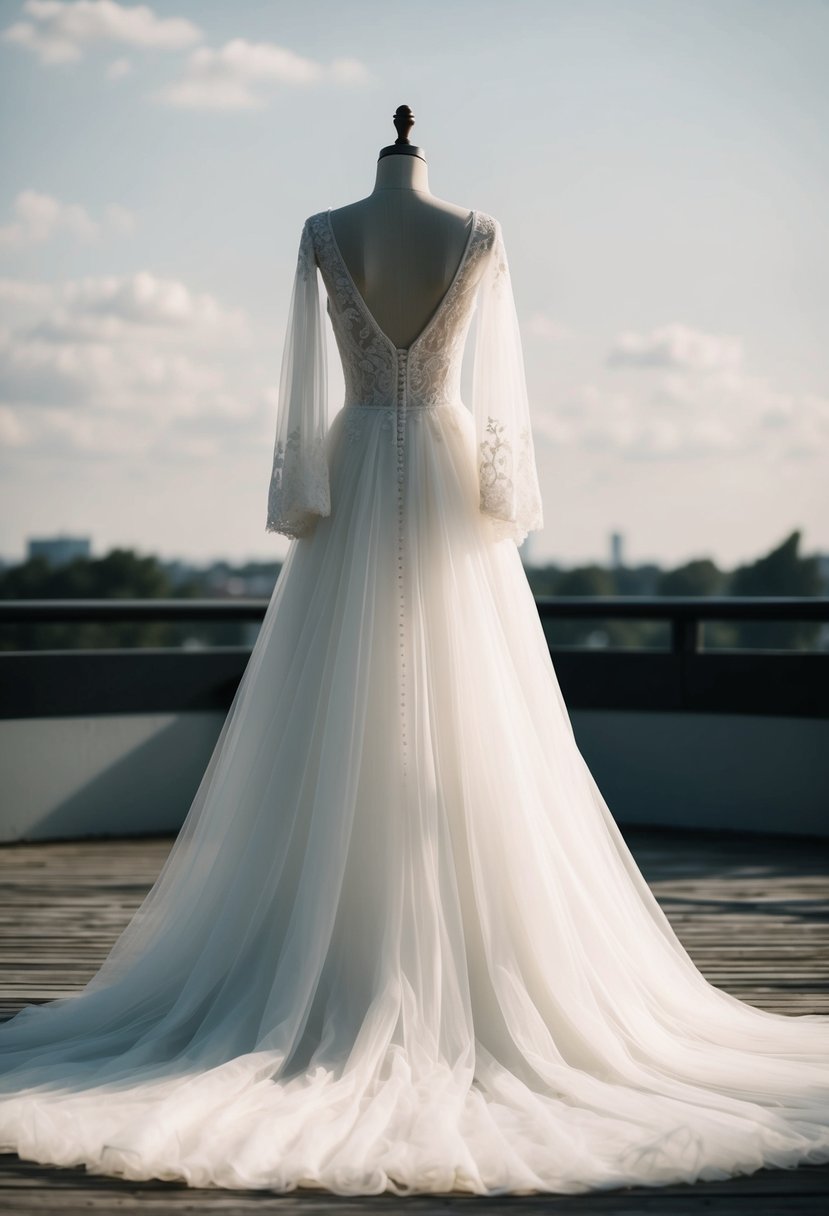 A flowing silk tulle wedding dress with bishop sleeves cascading down in a delicate and elegant design