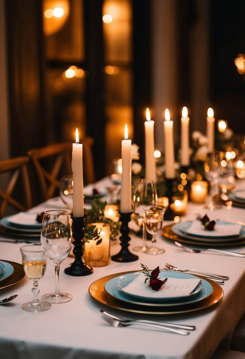 A candlelit dinner table with elegant place settings and soft, warm lighting