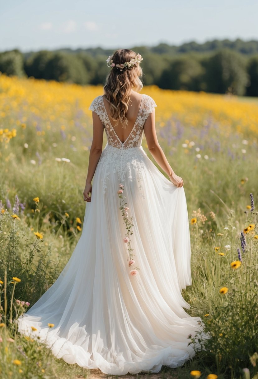 A flowing, bohemian wedding dress adorned with delicate lace and floral embellishments, set against a backdrop of a sun-drenched meadow with wildflowers