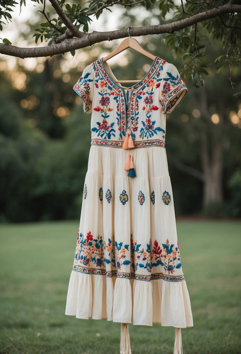 An embroidered dress with a flowy skirt hangs from a tree branch in a bohemian outdoor setting