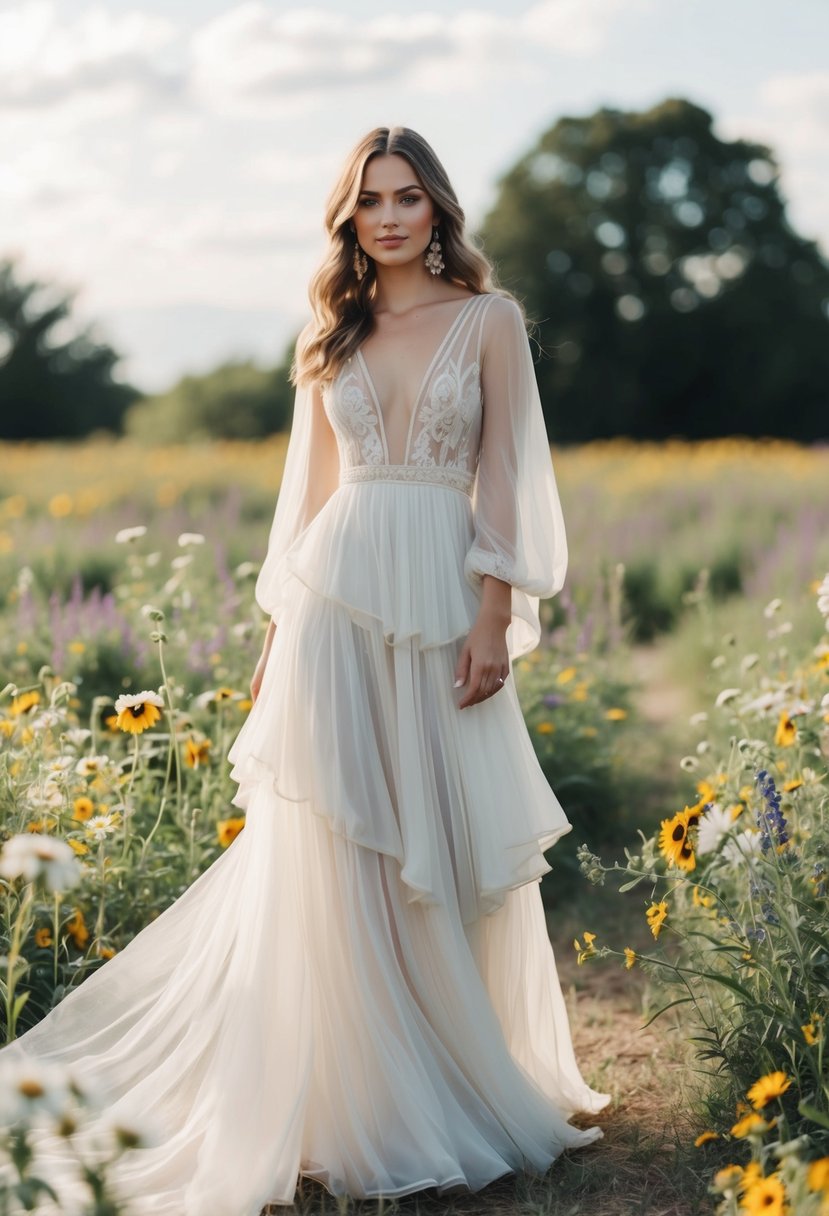 A flowing bohemian wedding dress with sheer layers, surrounded by wildflowers and draped fabric