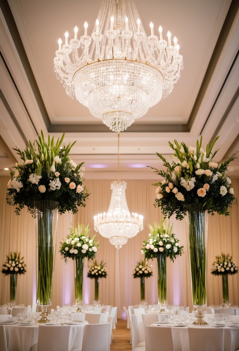 A grand chandelier hangs from a high ceiling in a spacious, softly lit ballroom adorned with tall, slender vases of fresh flowers