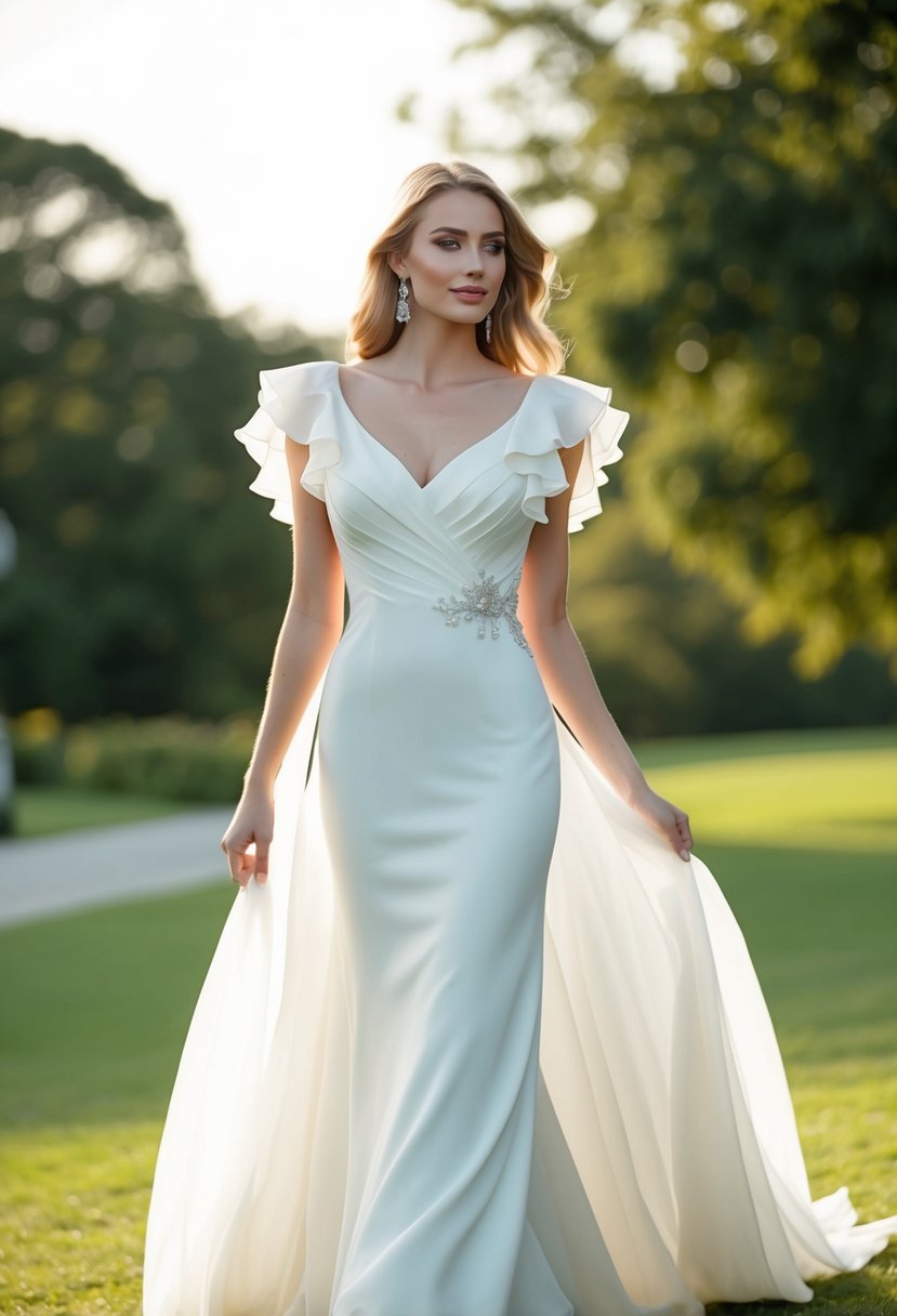 A flowing wedding dress with ruffled cap sleeves cascading down to the elbows