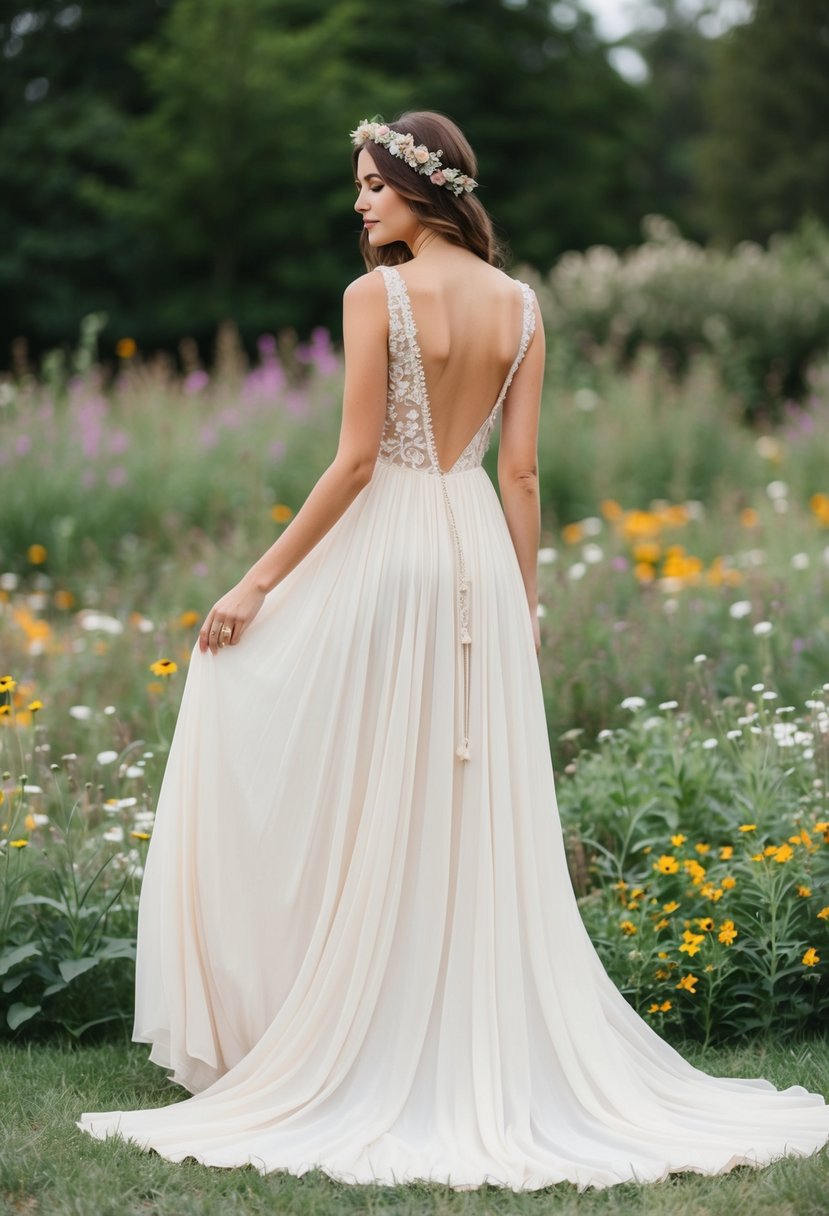 A flowing, bohemian wedding dress adorned with a delicate floral tiara accessory, set against a backdrop of a lush garden with wildflowers and a serene, natural ambiance