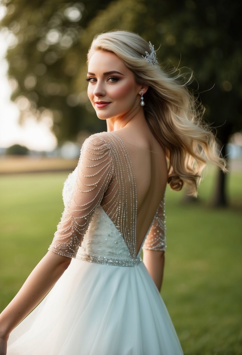 A wedding dress with beaded illusion sleeves, delicate and elegant, flowing gently in the breeze