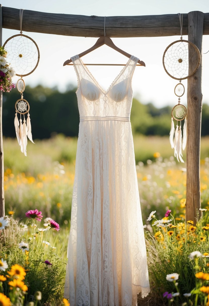 A vintage boho lace dress hangs on a rustic wooden hanger, surrounded by wildflowers and dreamcatchers, in a sunlit bohemian wedding setting