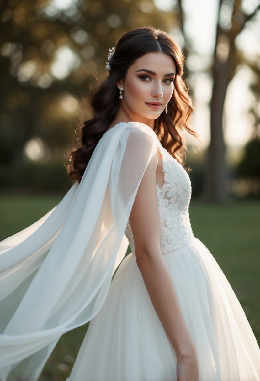 Flowing chiffon sleeves cascade from a delicate wedding gown, creating an ethereal and romantic silhouette