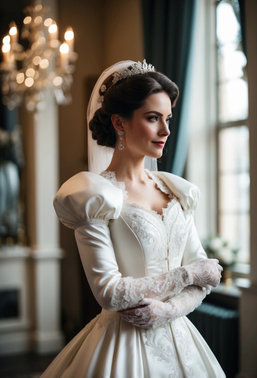 A bride in a Victorian-style wedding dress with puffed shoulders and elbow-length sleeves, adorned with delicate lace and intricate embroidery